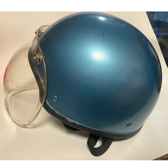 1960s Gran Prix Motorcycle Helmet Open Face Bubble Shield Metallic Miami Blue - Picture 1 of 9